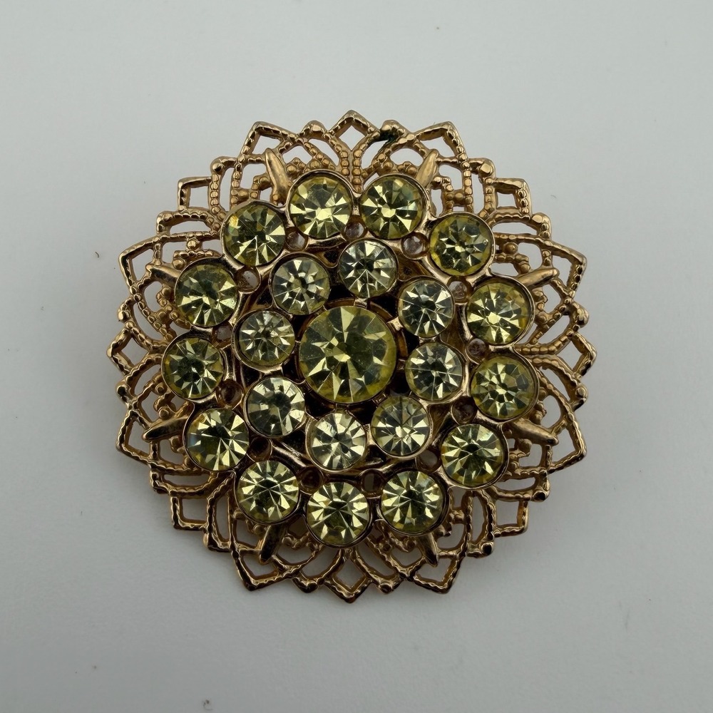 Vintage Gold Tone Filigree Brooch Pin Light Green Rhinestone Sunburst